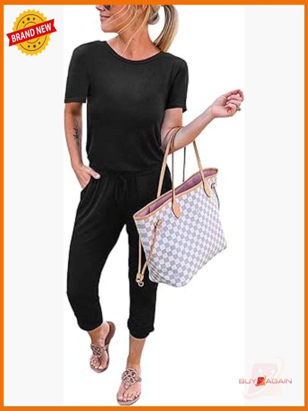 Casual Short Sleeve Jumpsuit with Drawstring Waist Long Pants Romper